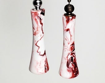 Light Pull, Fan Pull, Lamp Pull, Blind Pull, Hand turned white with red swirl Matching Set of 2 Housewarming or Wedding Gift