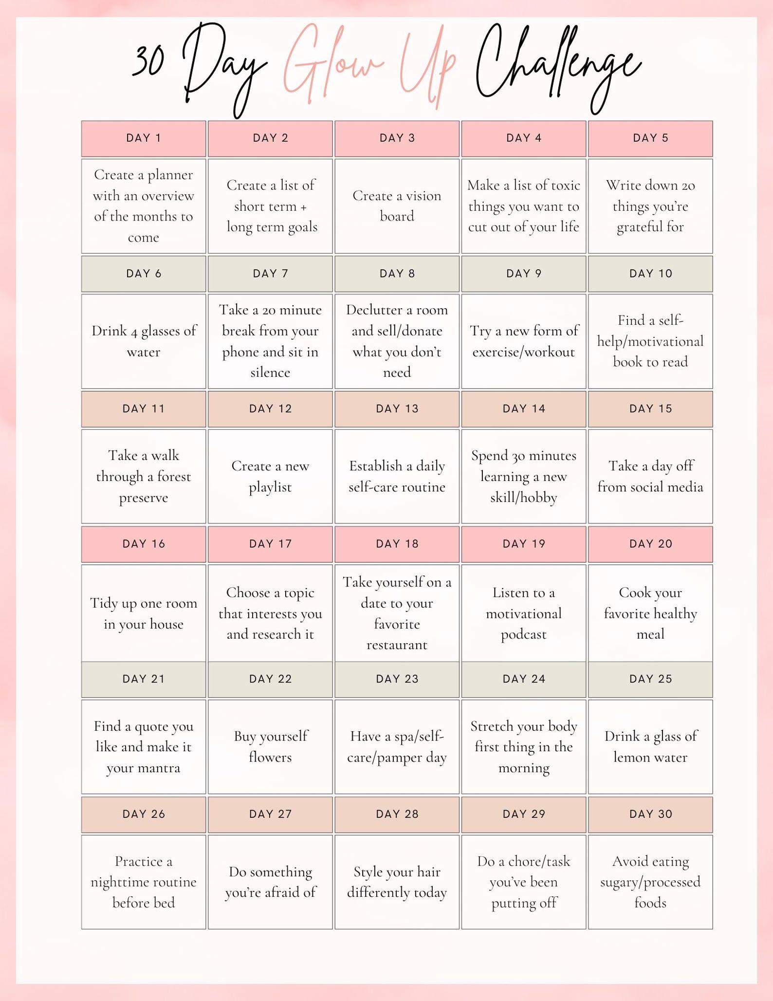 30 Day Glow up Challenge Printable | Self-care Planner | Daily Wellness ...
