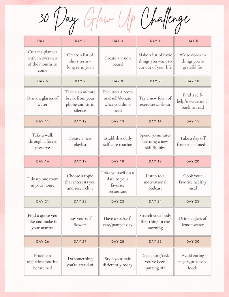 30 Day Glow up Challenge Printable | Self-care Planner | Daily Wellness ...