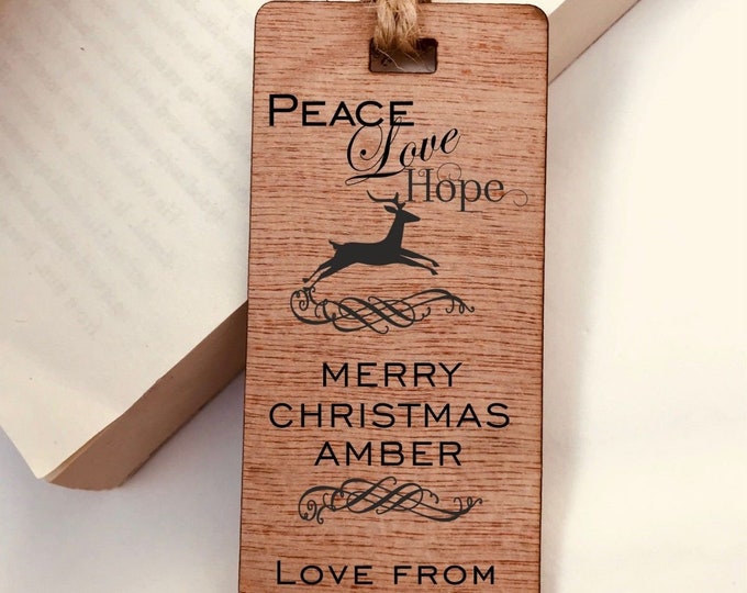 Personalised Wooden Christmas Gift Name Message Bookmark, Peace Love Hope Bookmark - Book lover Boys Girls Gift for the avid reader