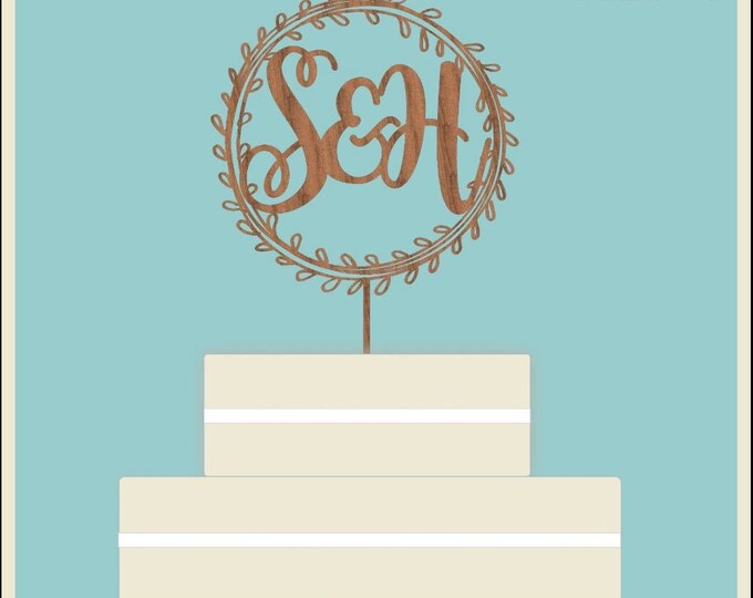 Monogram Wreath with Leaves - Wooden Personalised Cake Topper. Vintage, Wedding