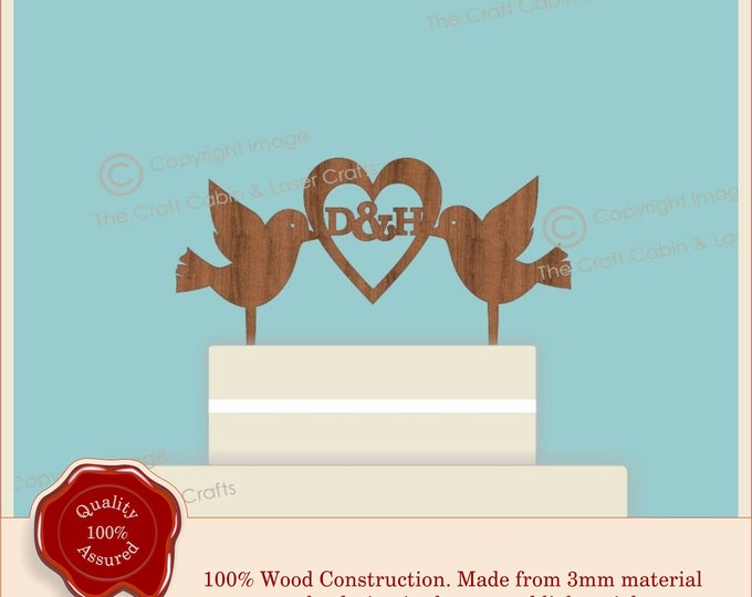 Personalised Cake Topper Doves & Heart Vintage Monogram, Wedding, Engagement