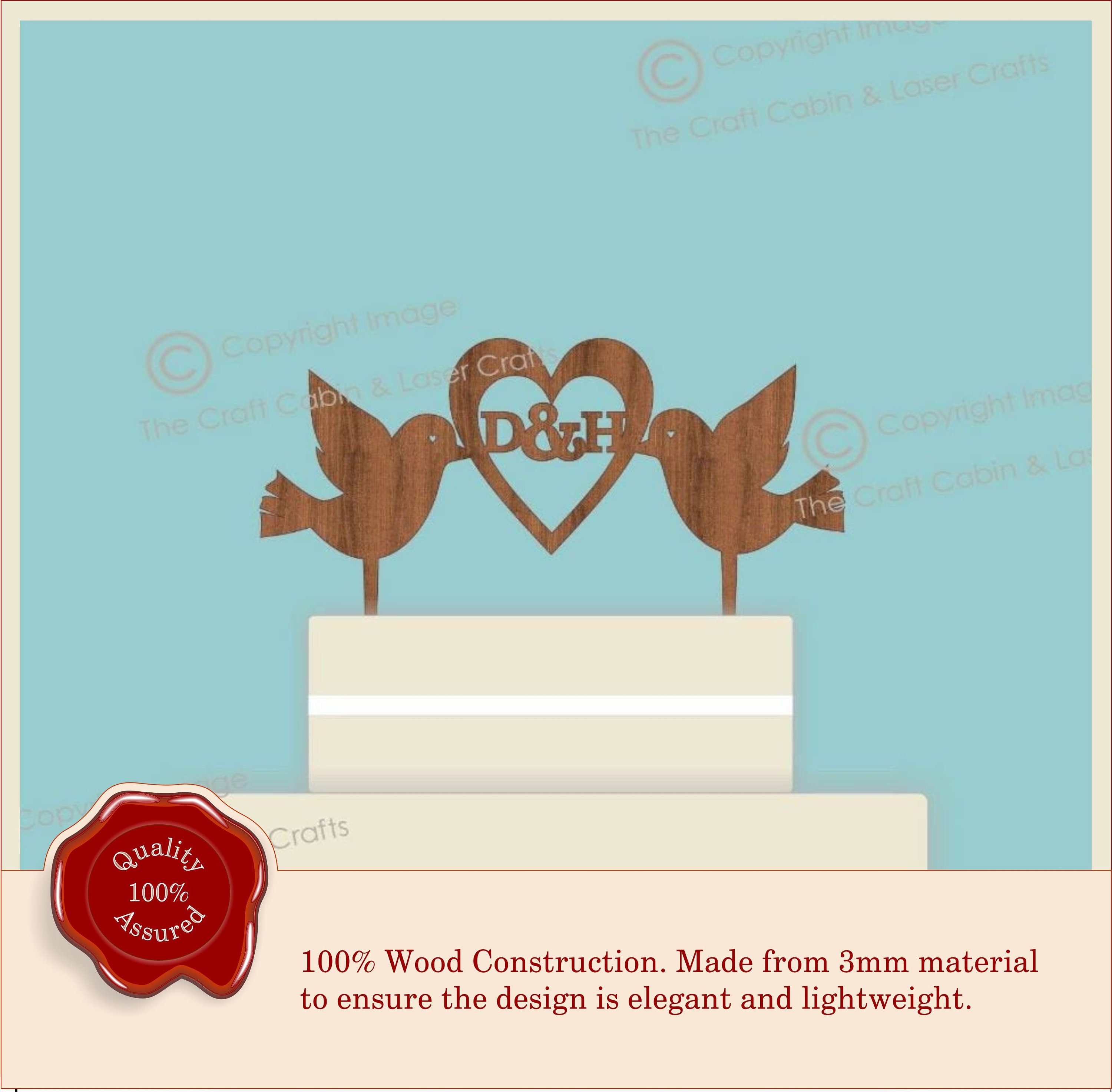 Personalised Cake Topper Doves & Heart Vintage Monogram, Wedding