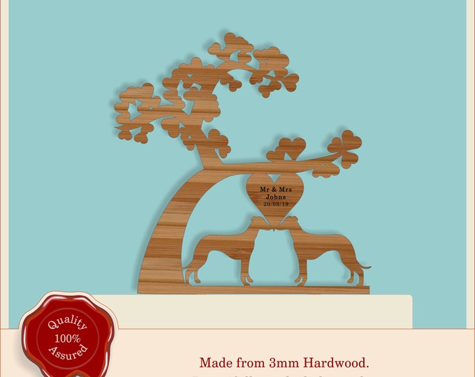 Whippet Dogs and Heart Under the Tree- Wooden Cake Topper Birthday Weddings Engagement Anniversary