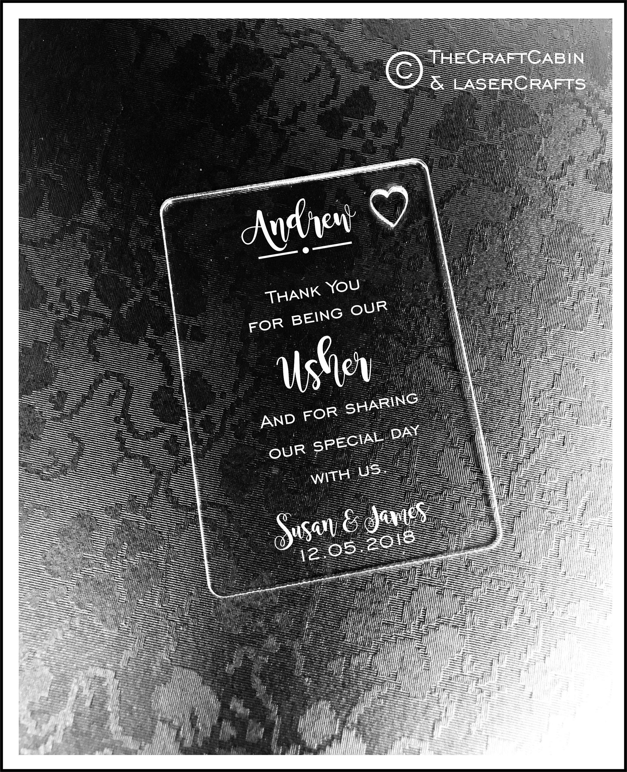 Personalised Usher Gift Wallet Card Keepsake. High Quality Engraved