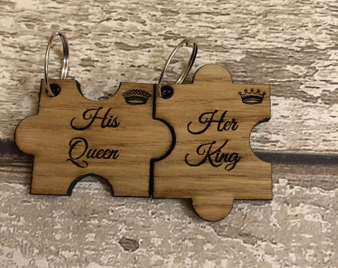 King and Queen, His and Hers, His and His, Hers and Hers, Jigsaw Puzzle Oak Wood Keyrings Set. Wedding, Valentines, Couples