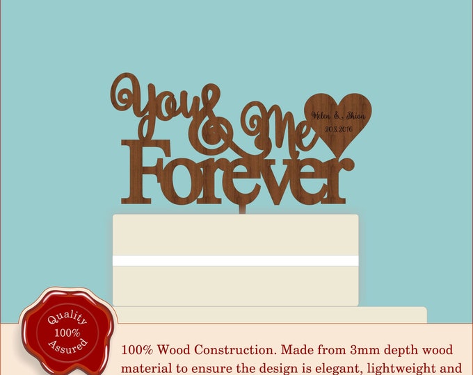 You and Me Forever Wedding Heart Cake Topper- Wooden, Personalised.