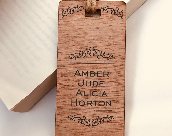 Personalised Name Engraved Scroll Design Wooden Bookmark Birthday Gift - Book lover Boys Girls Gift for the avid reader