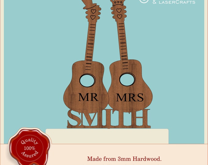 Mr and Mrs Guitar - Wooden Cake Topper, Weddings, Engagement, Anniversary