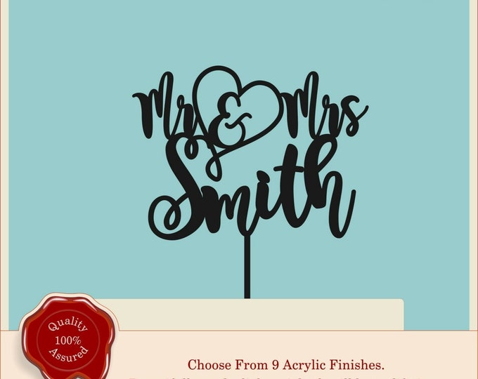 Mr & Mrs Swirly Heart Script Acrylic - Personalised Wedding Cake Topper.