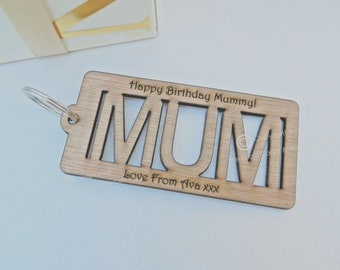 Personalised ''MUM'' Oak Wood Keyring. Mother's Day, Mum Gift, Vintage, Retro Gift