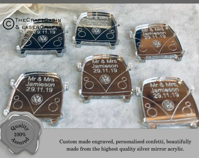 Mini Camper Van Silver Mirror Acrylic Wedding Confetti, Personalised Mr & Mrs Table Decorations