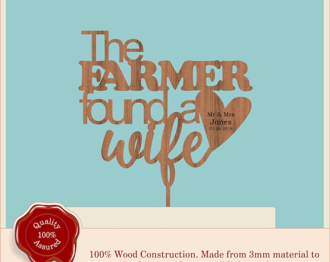 The Farmer found a Wife - Farm Wooden Personalised Cake Topper. Vintage, Rustic