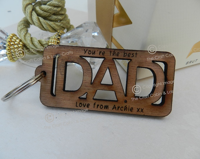 Personalised ''DAD'' Oak Wood Keyring. Mother's Day, Mum Gift, Vintage, Retro Gift