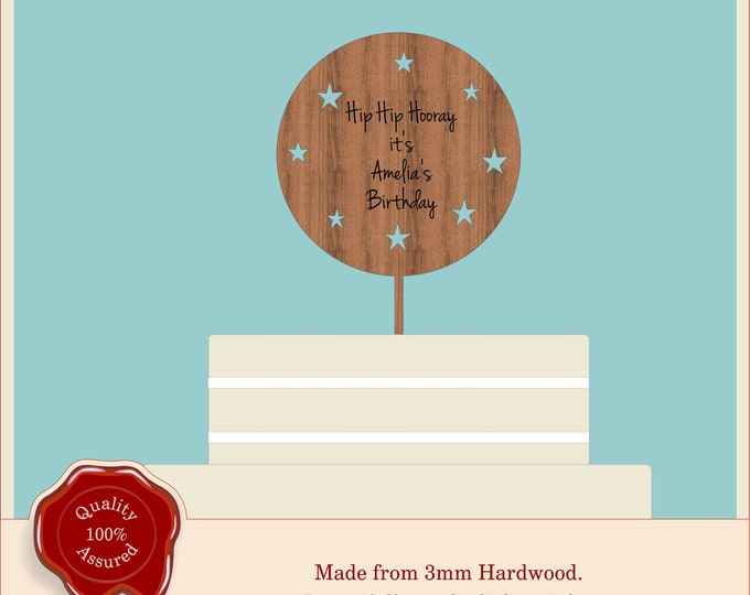 Round Engraved Birthday Cake Topper- Stars, Party, Wooden, Personalised.