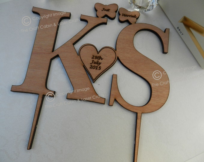 Monogram Initials Wooden Wedding Cake Topper. Love-birds, Butterflies & Hearts