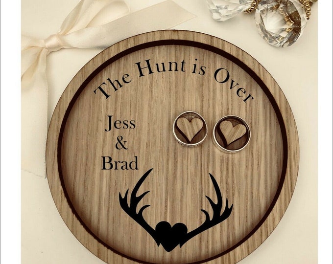 Wedding Ring Bearer Pillow Tray, Dish, Plate: Personalised Engraved The Hunt is Over Antler Dish