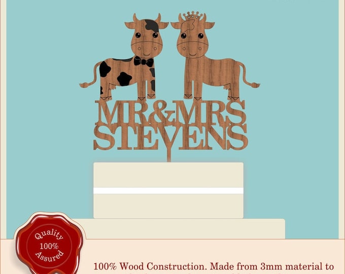 Mr & Mrs Farm Cows - Wooden Personalised Wedding Cakes Topper. Vintage, Rustic