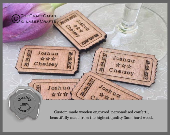 Personalised Wooden Cinema Ticket Tokens Wedding Favour Table Confetti