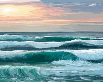 May include: An ocean landscape painting depicts waves in shades of teal and turquoise, with white crests. The sky transitions from a soft peach to pale blue, suggesting a sunrise or sunset. The artwork is signed in the lower right corner.