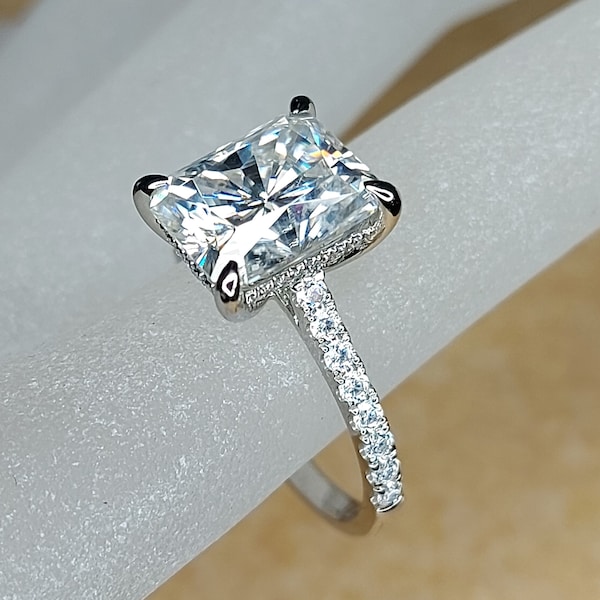 Radiant Cut Moissanite Engagement Ring, 3 ct Forever One Moissanite Ring, 0.4Ct Pave Diamond Ring ,Modern Engagement Ring.