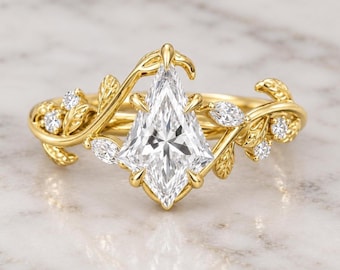 Kite cut E, VVS2 Certified Diamond Engagement Ring, Nature Inspired Vintage Lab Grown Diamond Ring 14K Solid Gold Ring, Anniversary Gift.