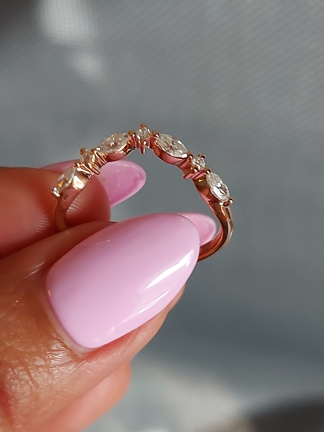 Unique Curved Moissanite Wedding Band, Art Deco Rose Gold Matching Band ...