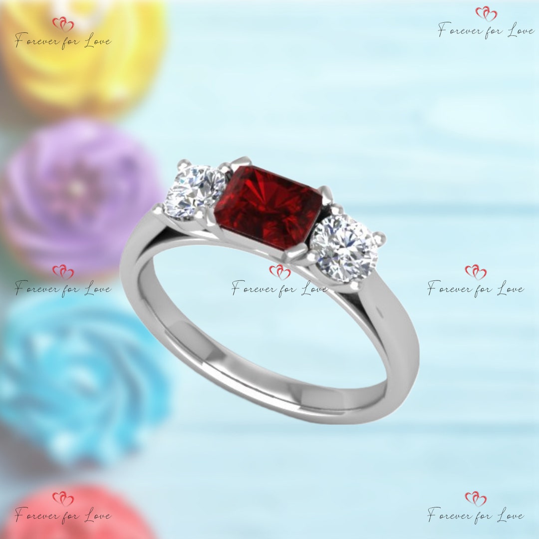 Ruby and Diamond Ring, Three Stone Diamond Ring, 14K Solid White Gold ...