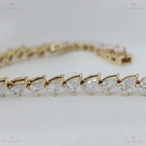 14K Yellow Gold Pear Lab-Created 3-Prong Diamond Tennis Bracelet 10 CTW E, VS1 birthday gift for Mom