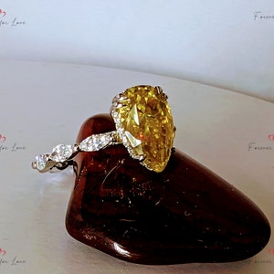 4 Ct Pear Canary Yellow Moissanite Engagement Ring, Marquise diamond band, Two tone Designer Ring Claw Prongs Anniversary Gift Ring for Her.