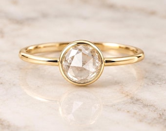 Anillo de compromiso solitario redondo con diamante talla rosa, anillo de diamante de laboratorio talla rosa, anillo de oro amarillo, regalo nupcial único, engaste biselado, regalo perfecto