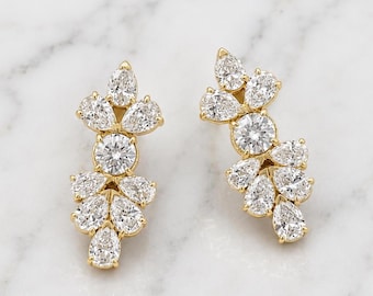 3.00ct Total E/VVS2  Pear Flower Diamond Earrings, Round & Pear Lab Diamond, Solid Gold , Stud earrings, Perfect gift