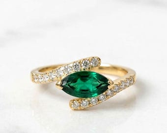 1.8ct East to West Setting Emerald Marquise Engagement Ring Genuine Lab Emerald Ring Anniversary Ring Gift Unique Proposal Ring for Her