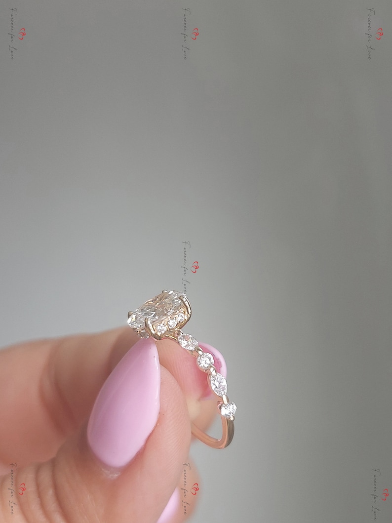 1.5 Carat E , VVS2 Clarity IGI Certified Lab Grown Oval Cut Diamond Ring, Vintage Marquise Diamond Band, Unique Engagement Ring gift for her image 7