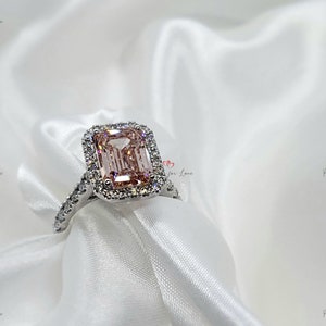 4 Ct Pink Emerald Cut Lab Created Diamond Engagement Ring IGI Certified Diamond, Halo Diamond Ring, Anniversary bridal Wedding Gift For Her.