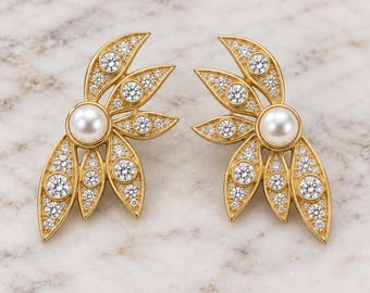 Unique Pearl and Round Lab Diamond Stud Earrings, Pearl Earrings, Pearl and Diamond Earrings, Bridal Jewelry, Perfect Gift for Her