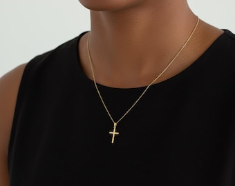 Collar con cruz de oro macizo de 14k, colgante minimalista de cruz, joyería religiosa de ángel de la guarda, colgante de fe cristiana
