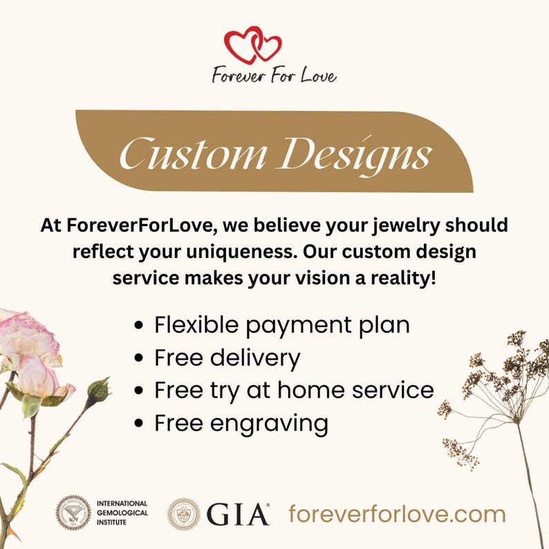 May include: An advertisement for Forever For Love jewelry featuring the text "Custom Designs." The image includes a logo with two intertwined hearts and a list of services: flexible payment plan, free delivery, free try at home service, and free engraving.
