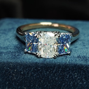 Radiant Cut Moissanite Engagement Ring, Three Stone Radiant Cut Engagement Ring, Radiant Cut Ring, Radiant Cut Three stone Promise Ring.