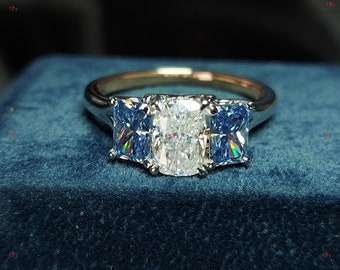 Anel de noivado de moissanite com corte radiante, anel de noivado com corte radiante de três pedras, anel de corte radiante, anel de promessa de três pedras com corte radiante.