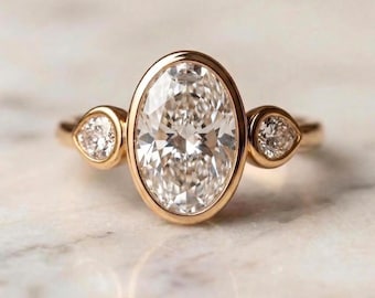Oval Cut E, VVS2 IGI Certified Ring, Lab Diamond Engagement Ring, 3 Stone Wedding Proposal Ring, Bezel Setting Ring, Solitaire Rings