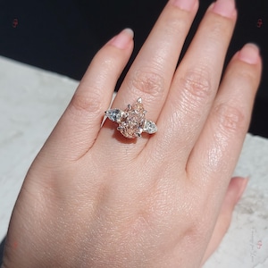 Pink Pear Cut three stone Lab Created Diamond Engagement Ring, Vivid Baby Pink Ring, Anniversary bridal Wedding Promise Gift For Her.