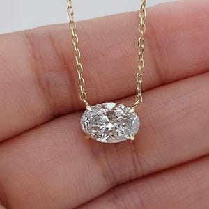 Colgante solitario flotante con diamante de talla ovalada y cadena de 45 cm, oro amarillo de 14k con certificación IGI, 2 quilates, color F, claridad VS1, diamante cultivado en laboratorio.