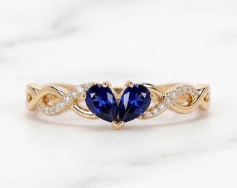 Natural Blue Sapphire Toi Et Moi Ring, Pear Cut Two Stone Sapphire Ring, Infinity Twist Band, Solid Gold Engagement Ring, Unique PromiseRing
