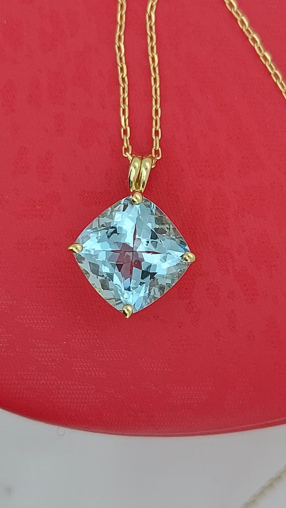 アクアマリン ペンダント ネックレス 14K ソリッド イエロー ゴールド