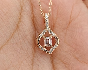 Emerald and Round diamond Necklace, 14k Rose Gold, Dainty Minimalist Pendant, Lab Diamond Womens Necklace, Special Gift For Her.