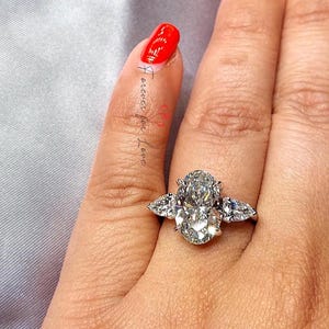 4 Carat IGI Certified D VVS2 Clarity Oval Cut Lab Grown Three Stone Diamond Engagement Ring Side Pear Diamonds, 14k White Gold