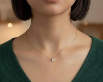 Collar de diamantes de pera, oro amarillo de 14 k, delicado colgante de pera minimalista, collar de diamantes de laboratorio para mujer, regalo especial para ella.
