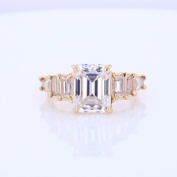 Emerald Cut Moissanite Engagement Ring, Emerald and Baguette Moissanite 14K yellow gold Ring, Anniversary Ring. Angelina Ring.