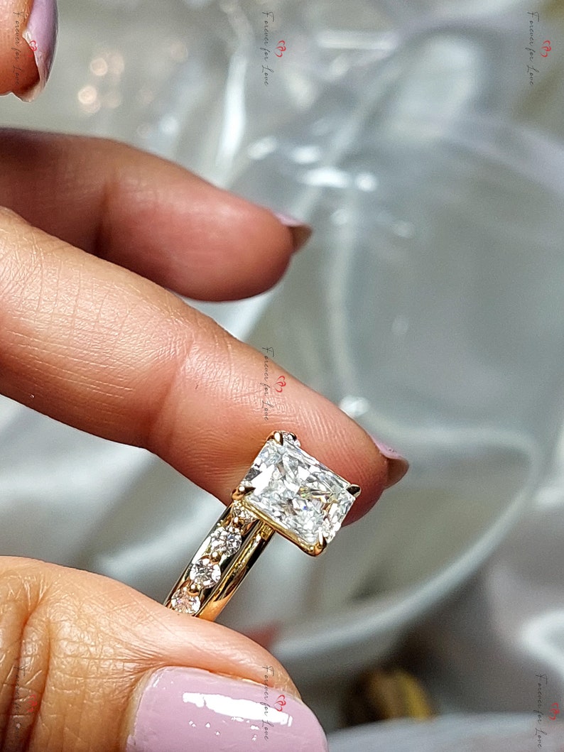 3ct Moissanite Radiant Cut Wedding Set in Yellow Gold , Crushed Ice ...
